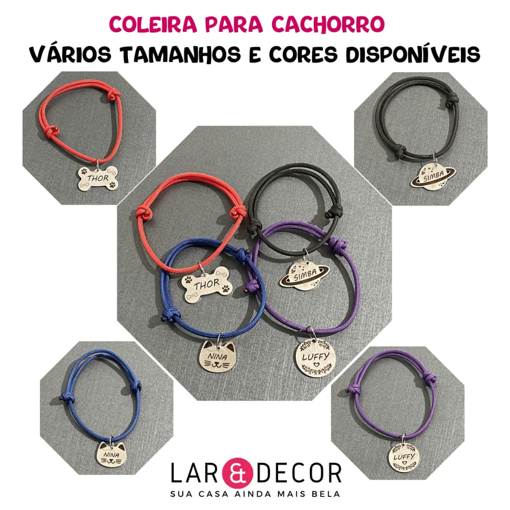 Placa de Identificação Pet Personalizado + Coleira para Cachorro Gato Plaquinha