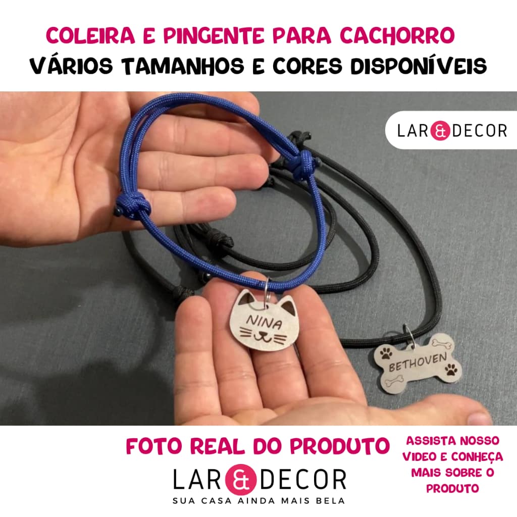 Plaquinha de Identificação Pet com Coleira para Cachorro Gato
