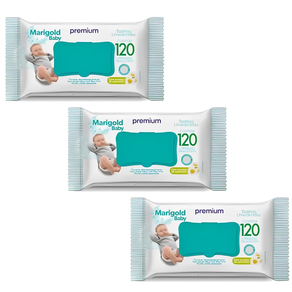 Kit Com 3 Toalhas Umedecidas Marigold Extrato de Camomila VERDE - (360 lenços)