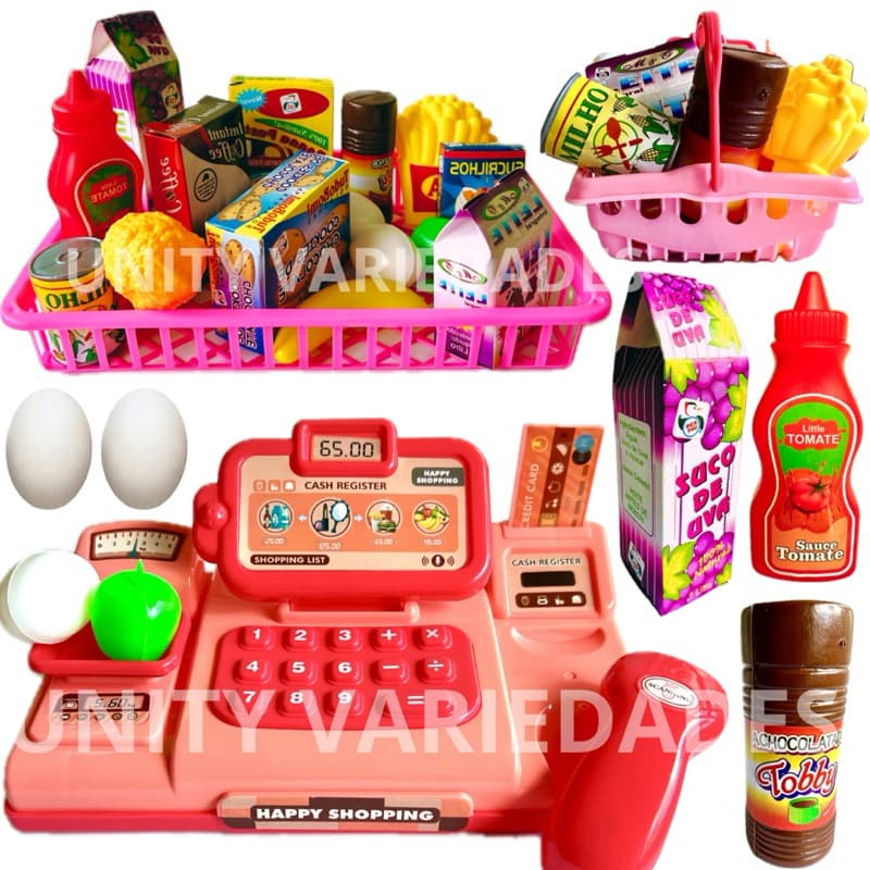 Kit Brinquedo Infantil Menina Menino Caixa Registradora Infantil Mercadinho de Compras 27 Pç Mercado
