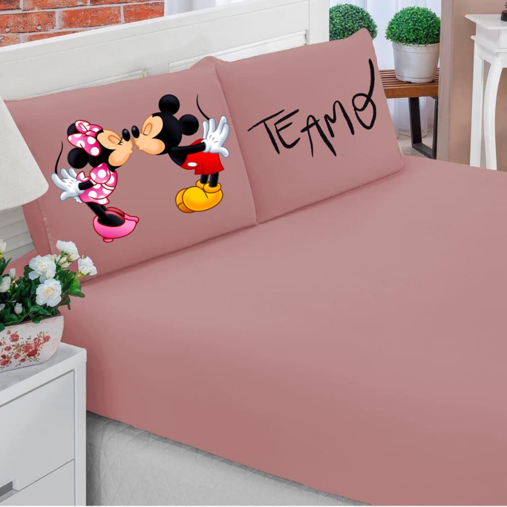 Jogo de lençol king/ Queen 3 peças c/elástico estampado mickey minnie Eu te amo MINNIE ROSA TE AMO