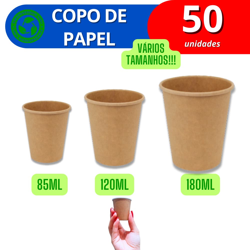 Copo de papel biodegradável kraft 50 unidades - 85ml / 120ml / 180ml