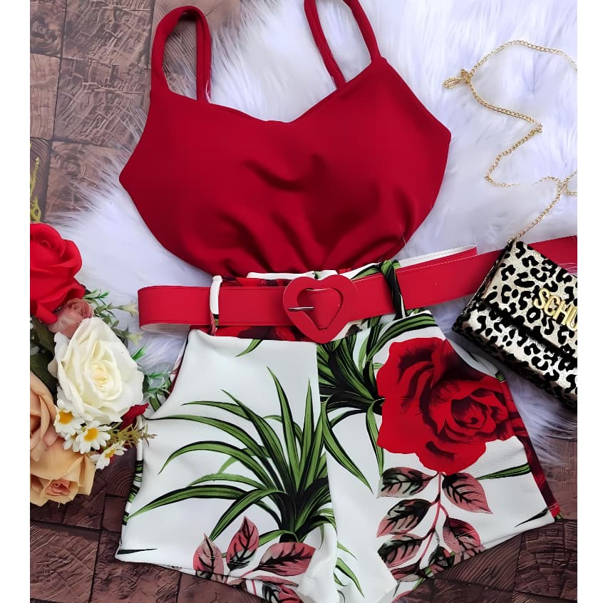 Conjunto Feminino Regata com Bojo + Short com cinto Moda Boutique Conjuntinho Luxo