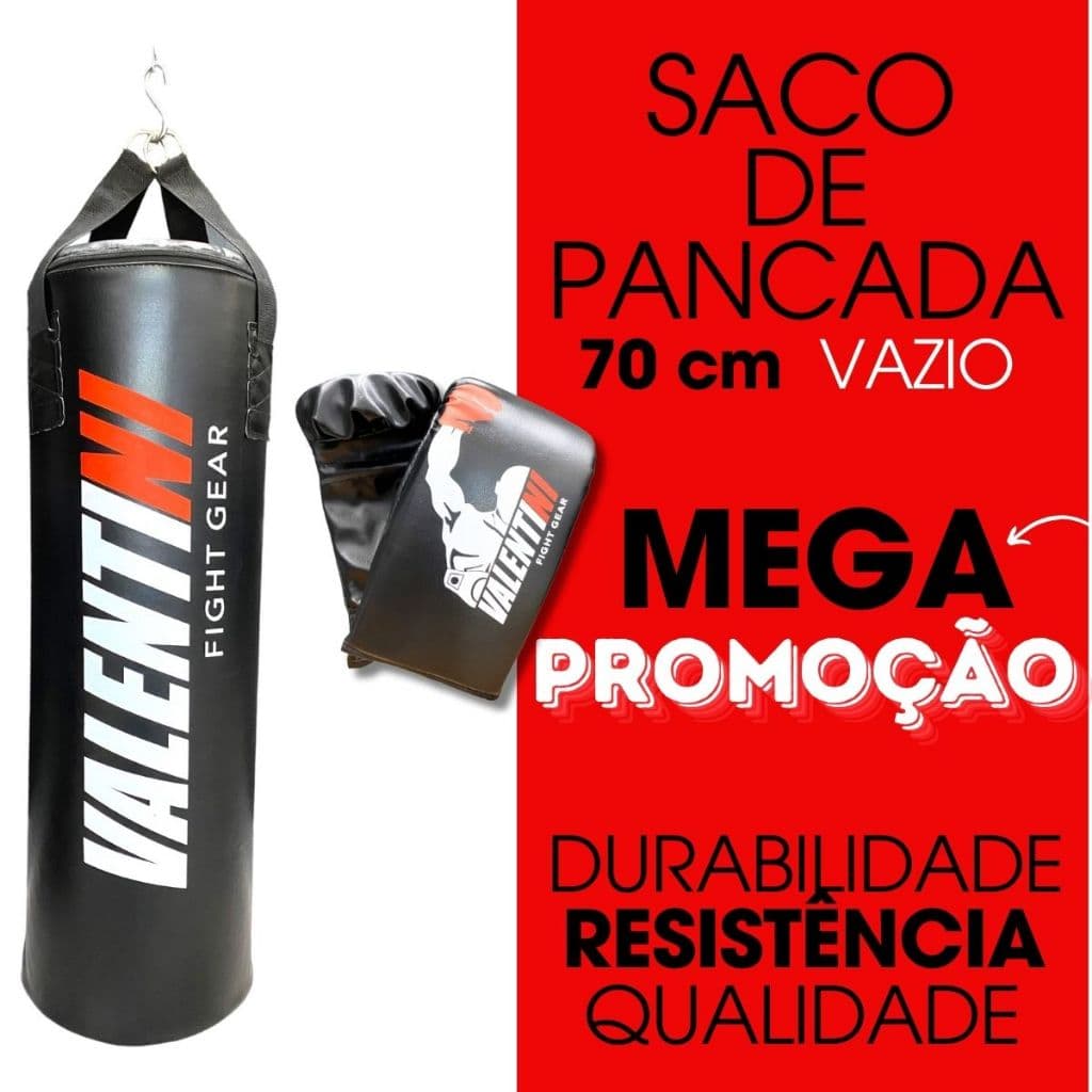 Saco de Pancada VALENTINI  70 cm - Treino Boxe Muay Thai  - Alta Resistencia + Luva Bate Saco Preta