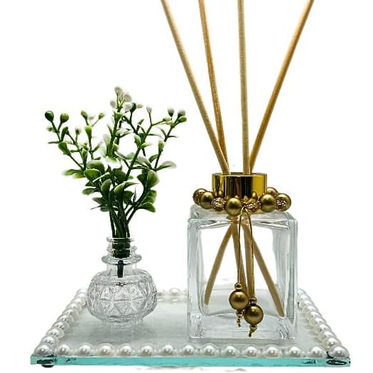 01 Frasco Difusor de Aromas Ametista 100ml Com Bandeja Decorada e Vaso Com Matinho