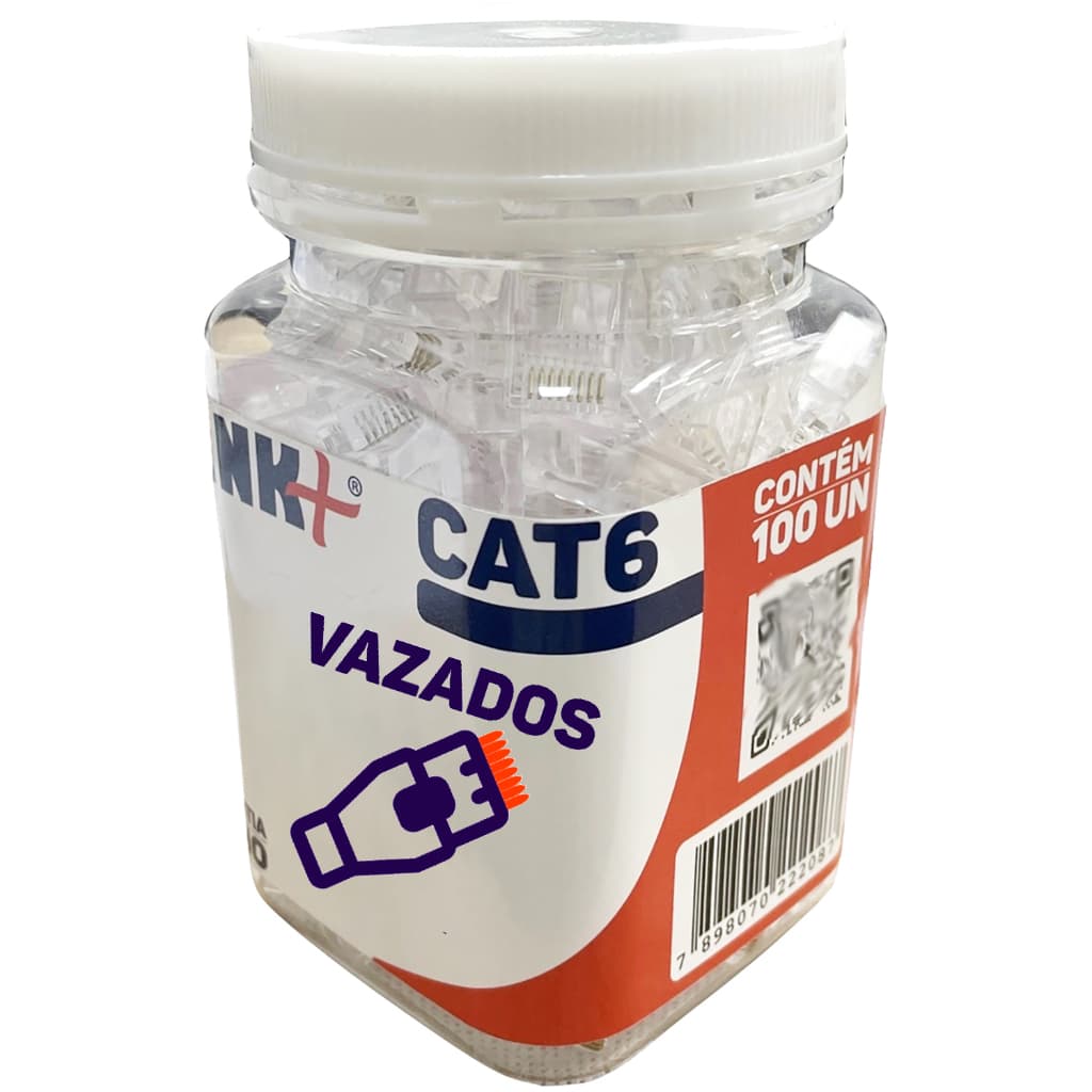Conector Plug Rj45 Vazado de Passagem Cat6 Pote De 100 Pcs Ouro - Link+