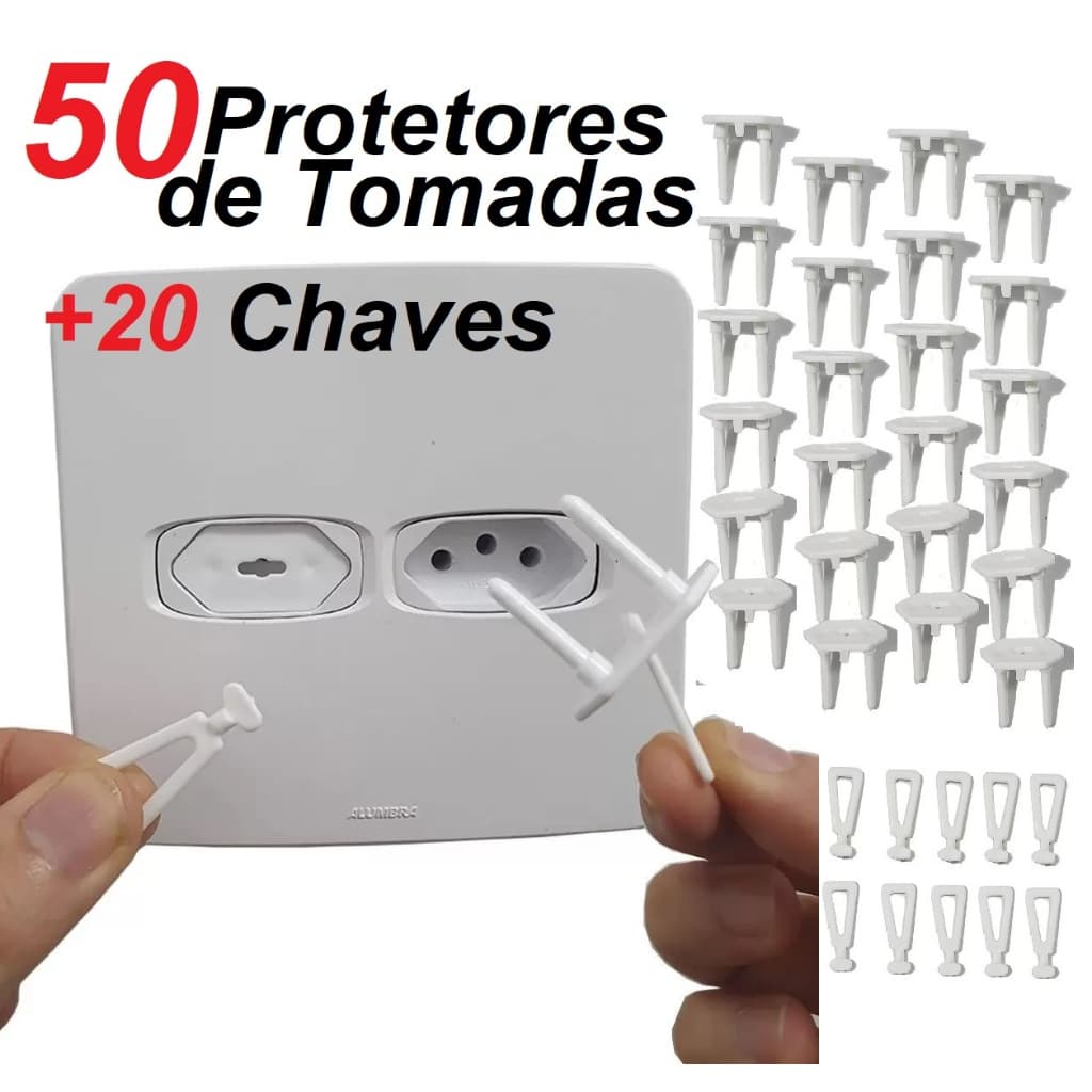 Kit 50 Protetores de Tomada com 20 Chaves Branco Proteção Bebê Segurança Choque