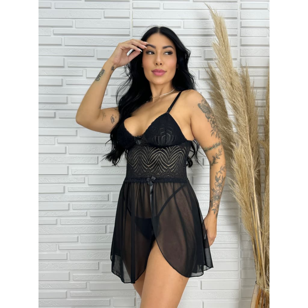 🔥 Camisola Sexy Sensual de Tule e Renda com Calcinha Roupa de Dormir Feminina Luxo