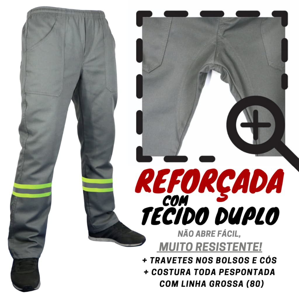 CALÇA CR - Reforçada! Brim pesado Com Faixa Refletiva Cinza ou Preta Uniforme profissional Pedreiro.