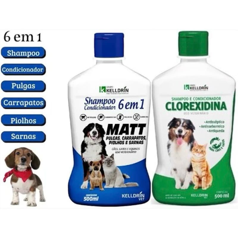 Kit 1 Shampoo e Condicionador Kelldrin Matt 6 em 1, Pulgas, Carrapatos, Piolhos e Sarnas e 1 Clorexidina 5 em 1 tratamento Dermatite Atópica Canina