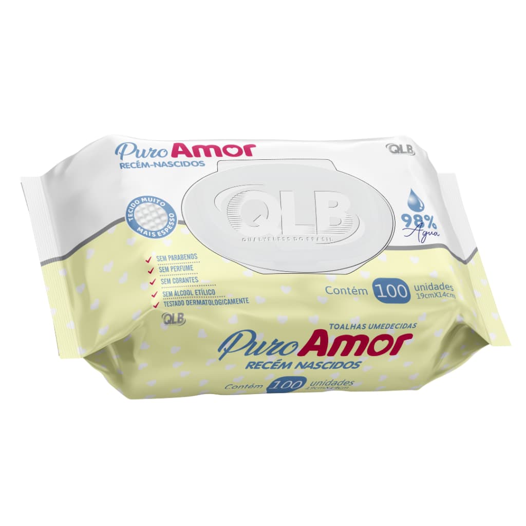 Caixa com 8 Lenços/Toalhas Umedecidas Puro Amor Recém-Nascidos c/100 Unidades Cada – Tampa FlipTop - Tecido mais espesso