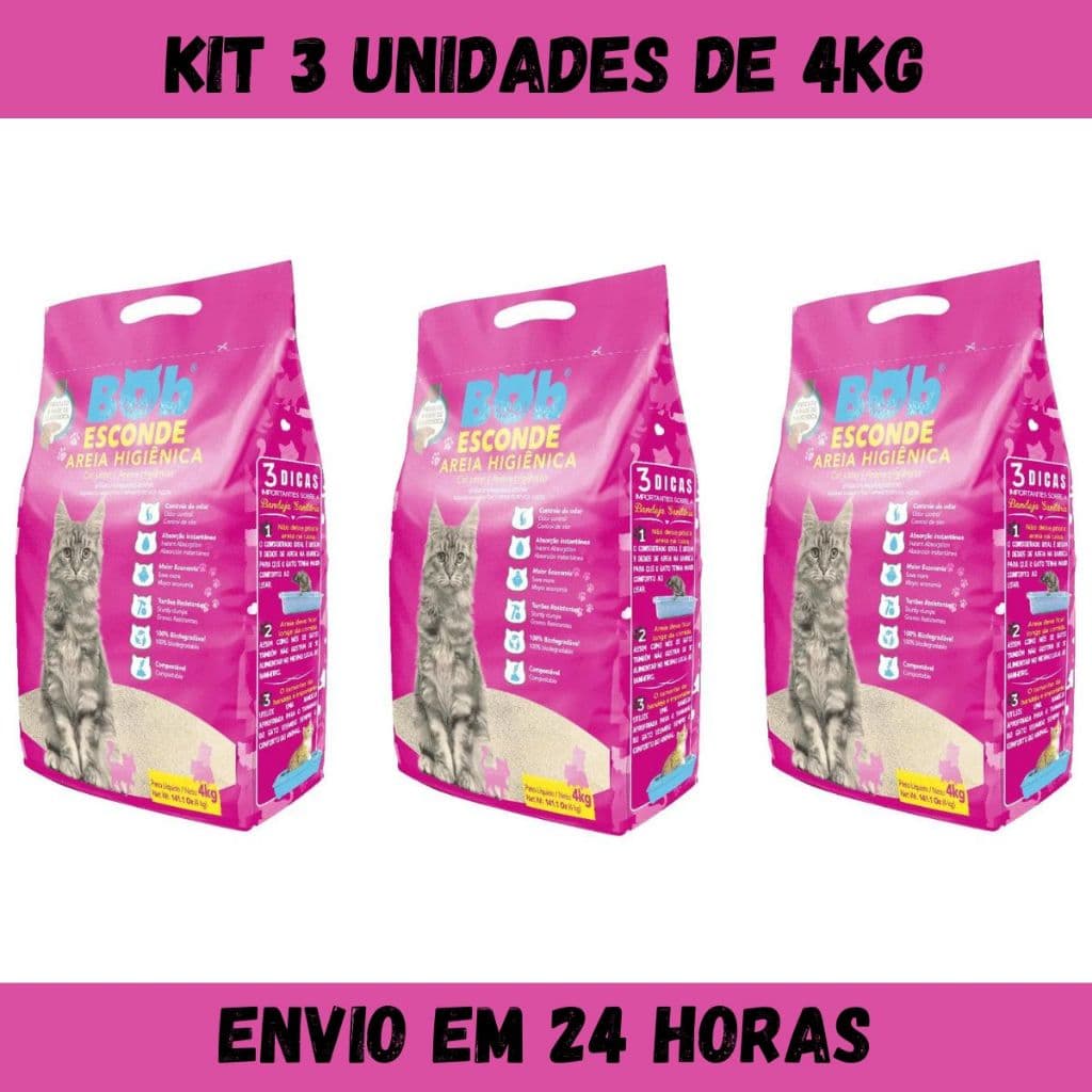 Kit 3 Areia Higiênica para Gatos Bob Esconde com Extrato de Mandioca Biodegradável Sem Cheiro 4Kg