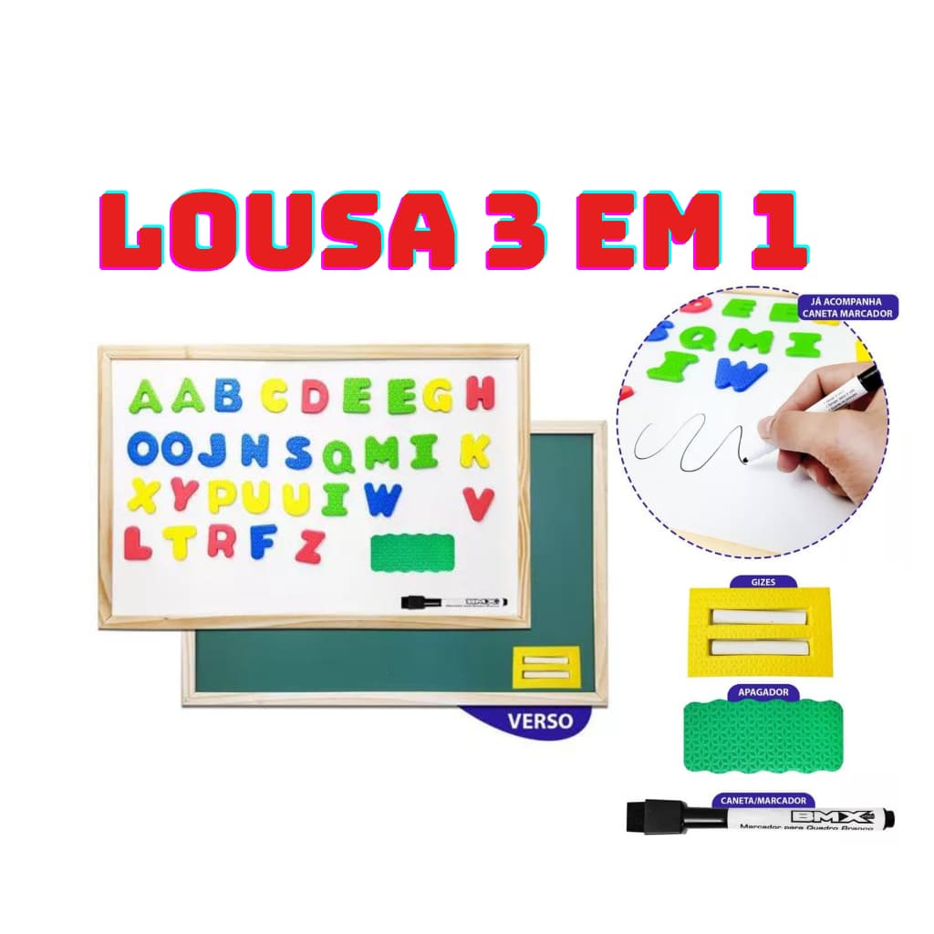 Lousa Infantil Planeta Criança 3x1 Abc 5cm 60x40cm Quadro ABC Infantil Ensinar Aprender Kids