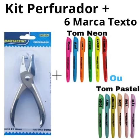 Kit 6 Caneta Marca Texto Neon ou Pastel + 1 Perfurador Furador de Papel Alicate 1 Furo 6mm de Metal Masterprint