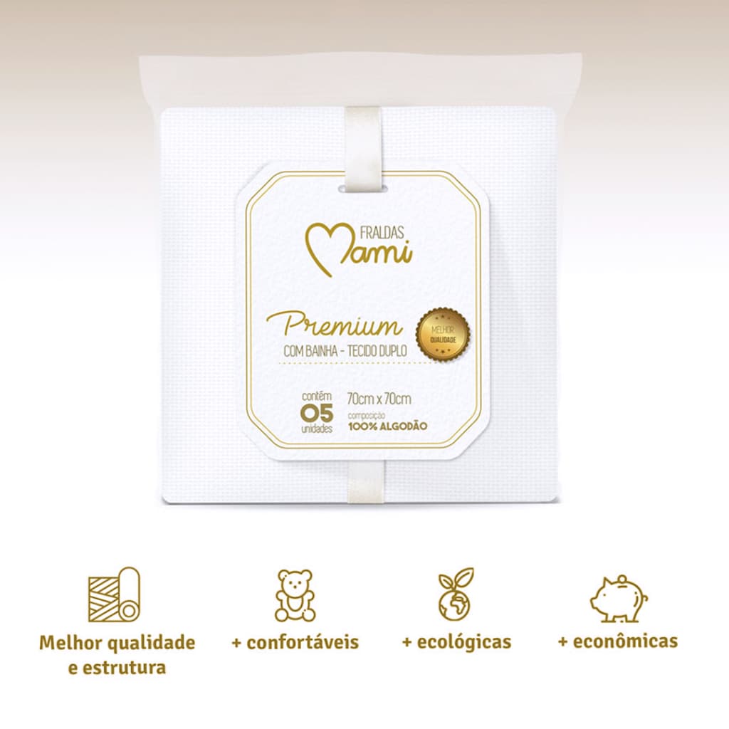Fralda Premium - Tecido Duplo Papi 5 Unidades - 100% algodão - Com bainha