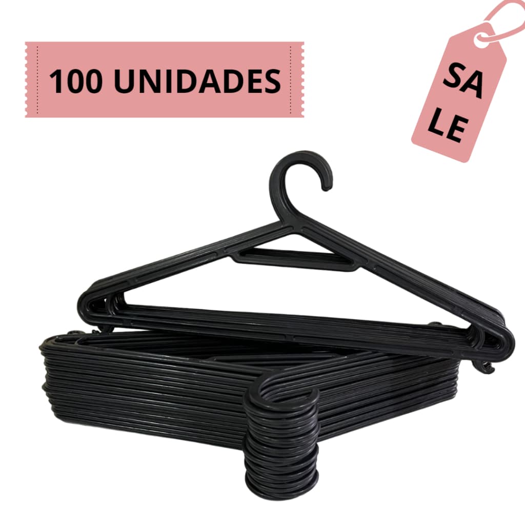 Kit 100 Cabides Organizador de Roupas Adulto Preto G002