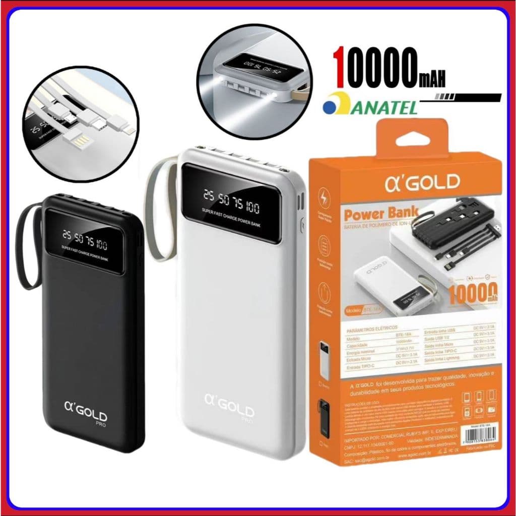Carregador portátil 10000 mAh Power Bank bateria externa Universal origina Agold com visor e lanterna BTE-18A