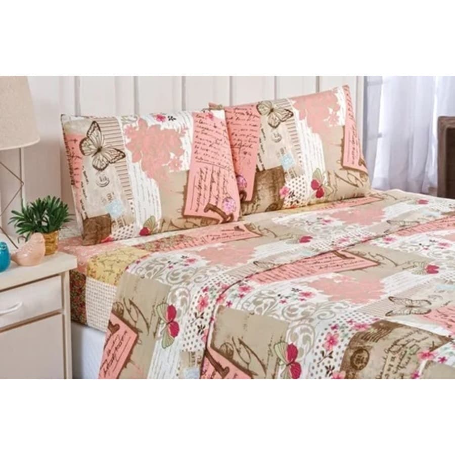 Jogo de Cama 3 peças Lençol Casal Sem Elástico Bainha + 2 Fronhas Virol Geométrico Xadrez Florido