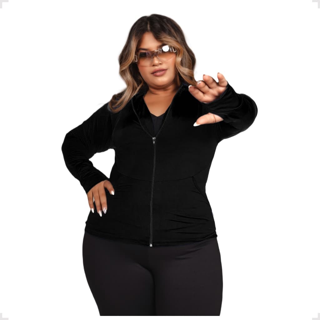 Jaqueta Fitness Preto Plus Size com Proteção UV e Zíper | Feminina | Juvenil