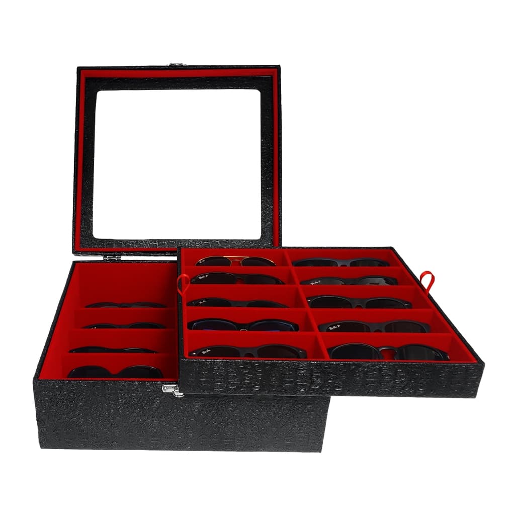 Organizador Duplo Estojo Porta 20 Óculos Preto Com Interno Vermelho