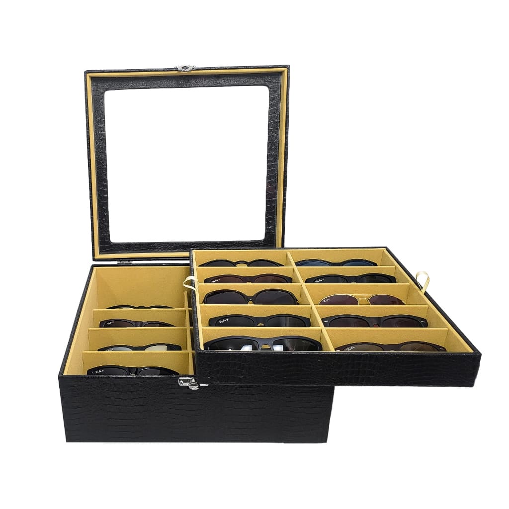 Organizador Duplo Estojo Porta 20 Óculos Preto Com Interno Bege Couro Eco