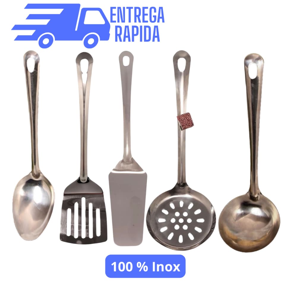 kit Utensílios de Cozinha 5 Peças Aço Inox Concha Escumadeira Colher de Arroz Espatula Espatula Vazada