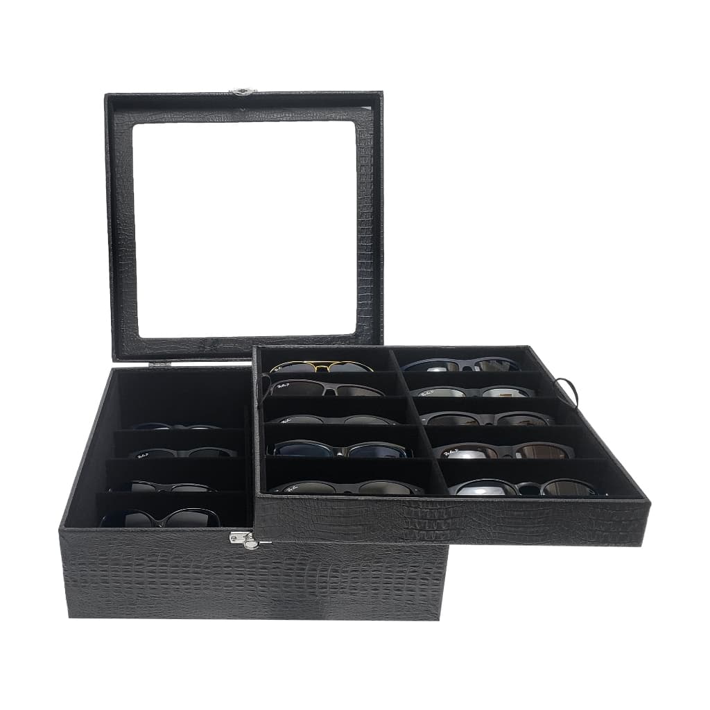 Organizador Duplo Estojo Porta 20 Óculos Preto Com Interno Preto Couro Eco