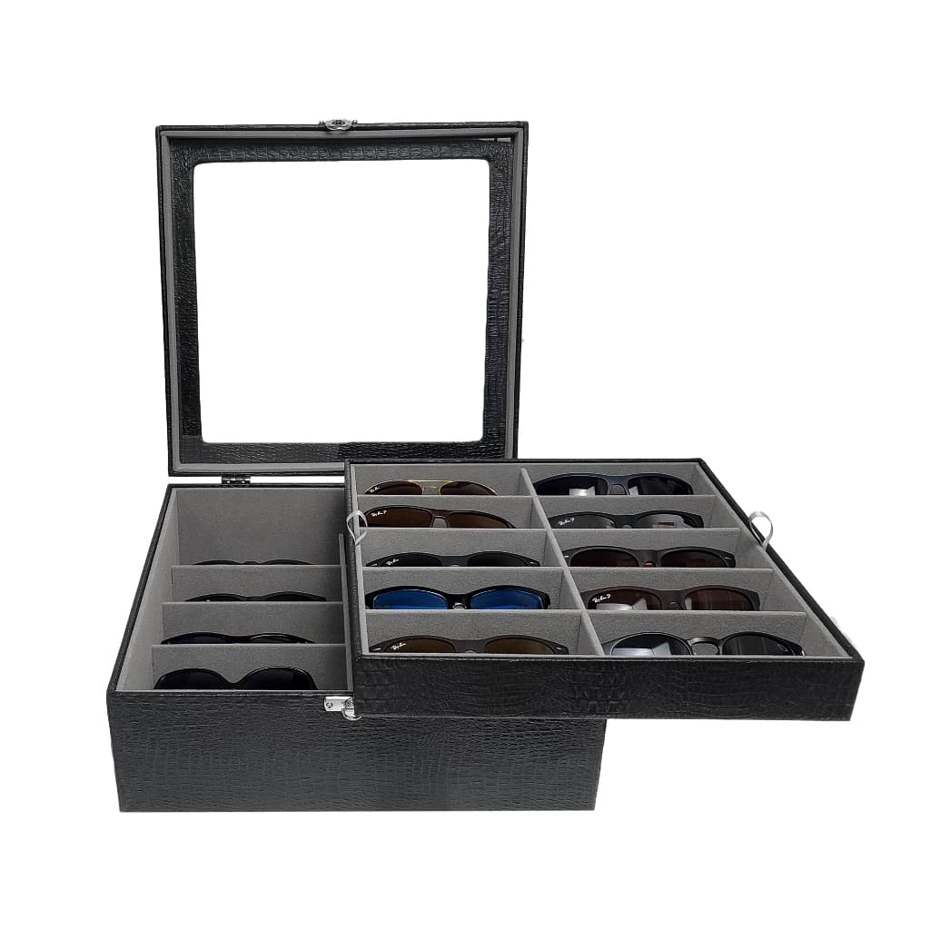 Organizador Duplo Estojo Porta 20 Óculos Preto Com Interno Cinza