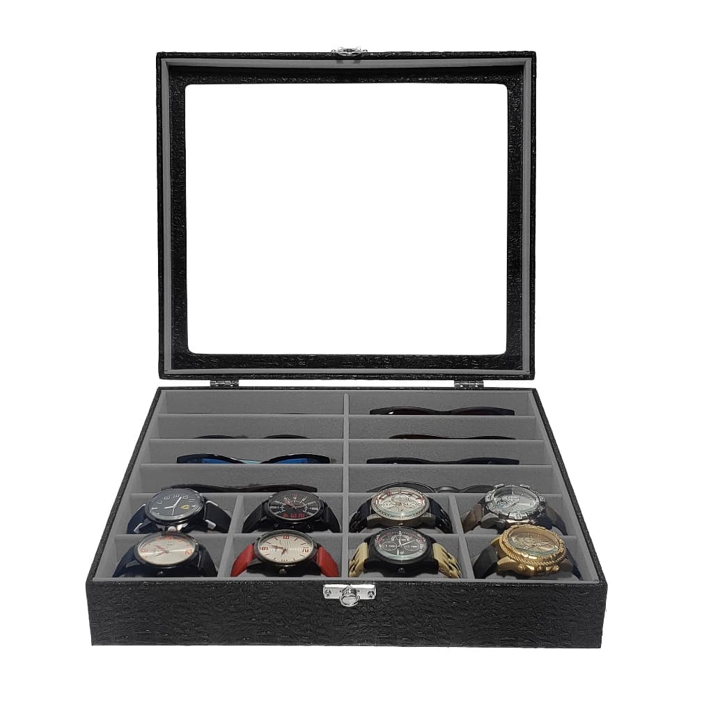 Caixa Maleta Estojo 8 Óculos E 8 Relógios Preto Com Interno Aveludado Cinza