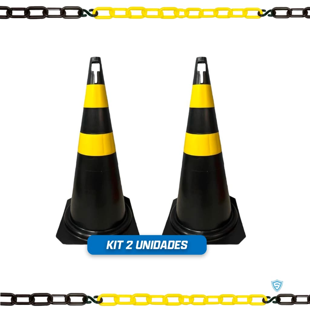 2 Cones Sinalização 75cm Rigído Preto/Amarelo Com Correntes de 2 Metros Brinde