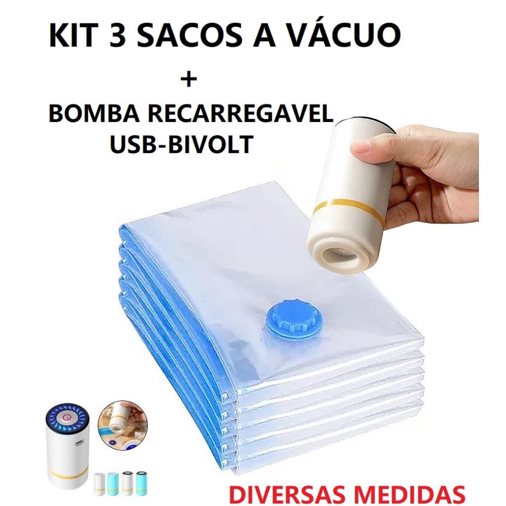 OFERTA Conjunto 3 Sacos A Vácuo E Bomba De Ar Recarregável Manual Bivolt E Usb Diversos Tamanhos Multiuso