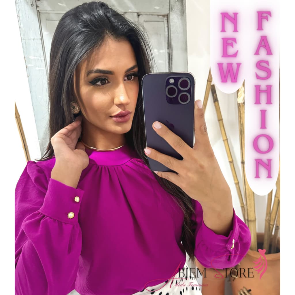 Blusa Feminina Manga Longa Social Elegante Gola Redonda Botão Duna Feminina Evangélica Soltinha