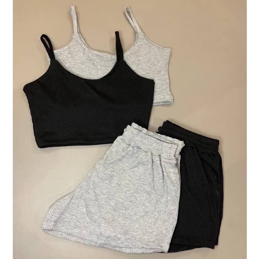 Kit 2 Conjuntos Feminino Short e Cropped Canelado Curto - CJESHC