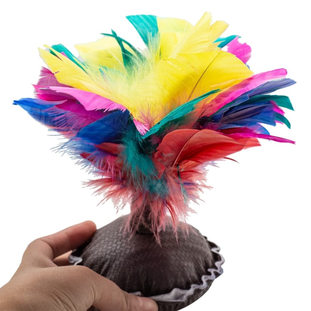 Peteca com penas colors na solapa