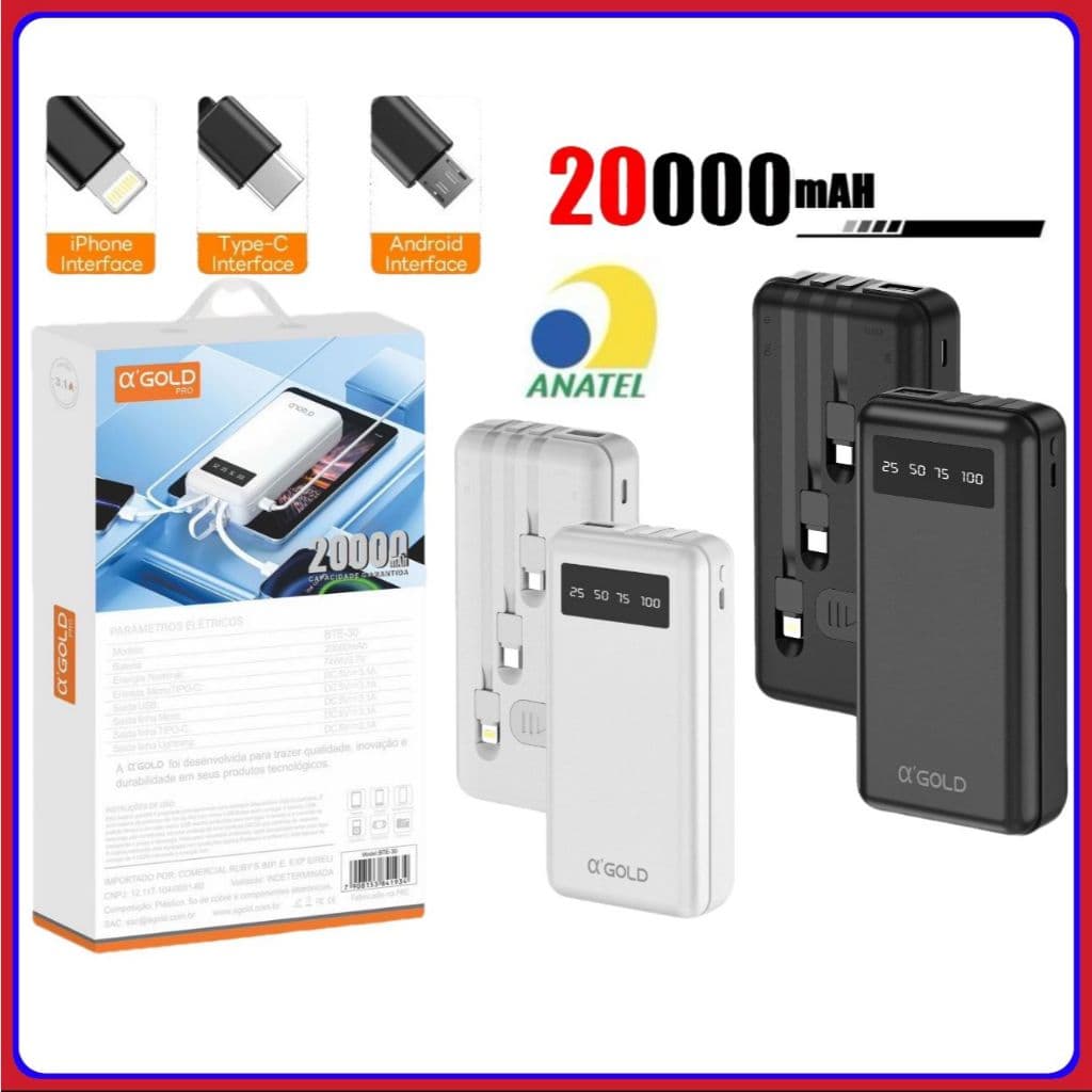 Carregador portátil 20000 mAh Power Bank bateria externa original Agold com visor e lanterna BTE-30