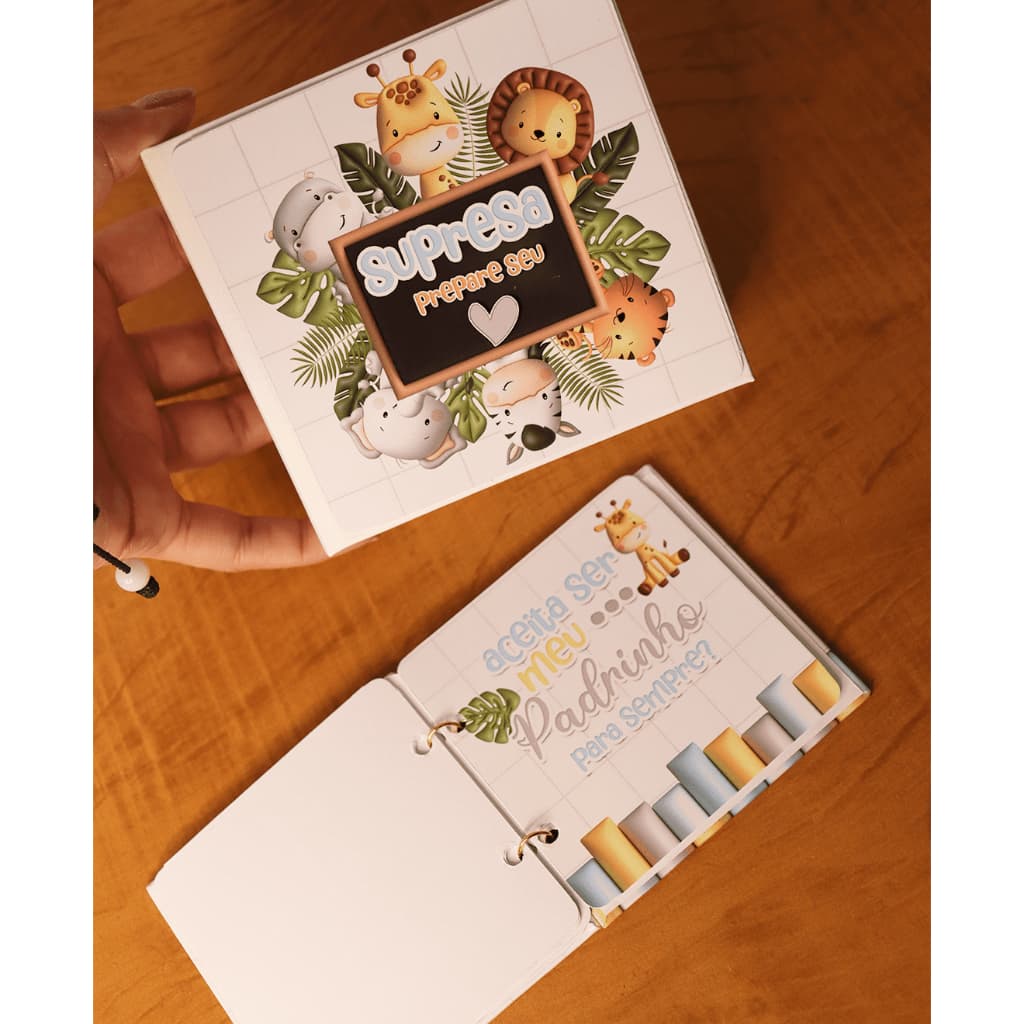 Mini Livro convite padrinhos de batismo safari