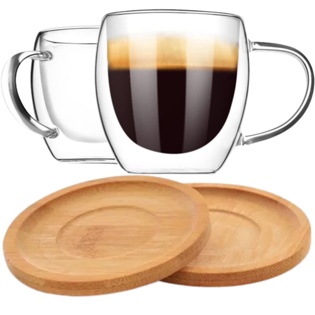 Jogo Xicara Vidro Duplo 250ml Caneca Parede Dupla 2 Un Com Pires