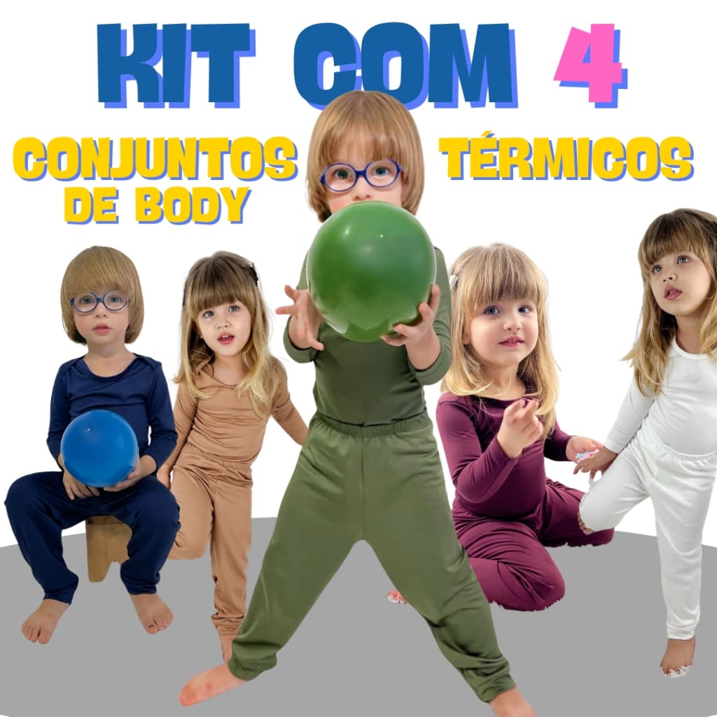 Kit 8 Peças Conjunto Térmico 4 Bodys + 4 Calças Infantil para Bebe Menino e Menina Peluciado Inverno