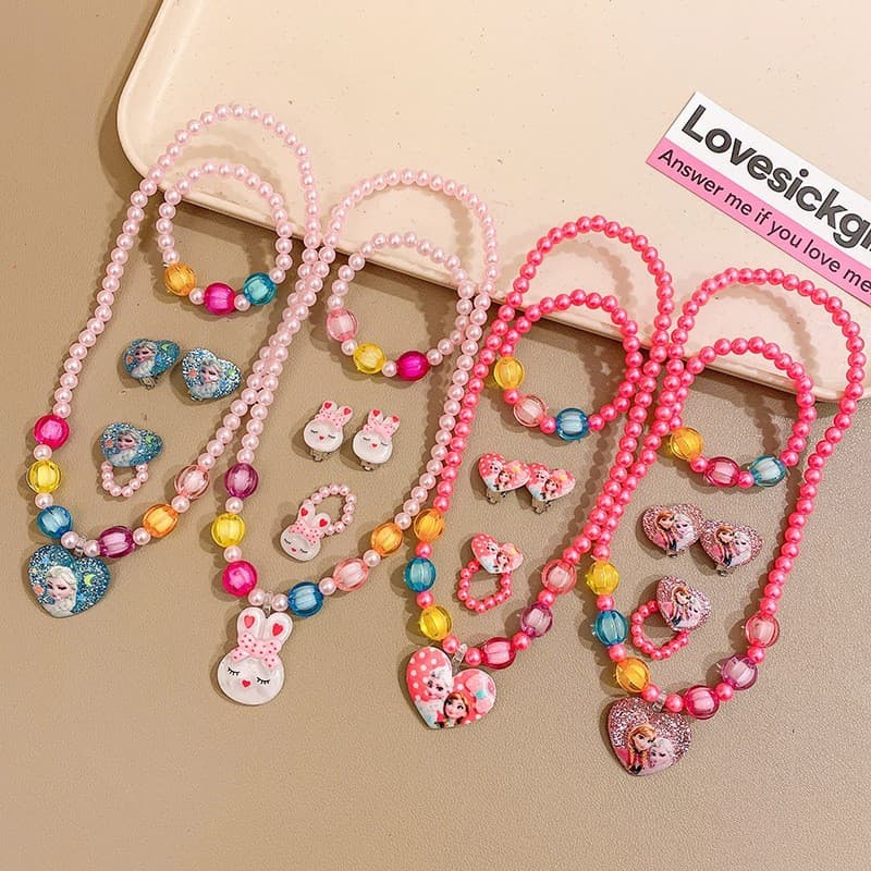 Kit 6 Colares 6 Pulseiras  Infantil Flor Borboleta e Laço de Miçangas Pérola Bijuterias