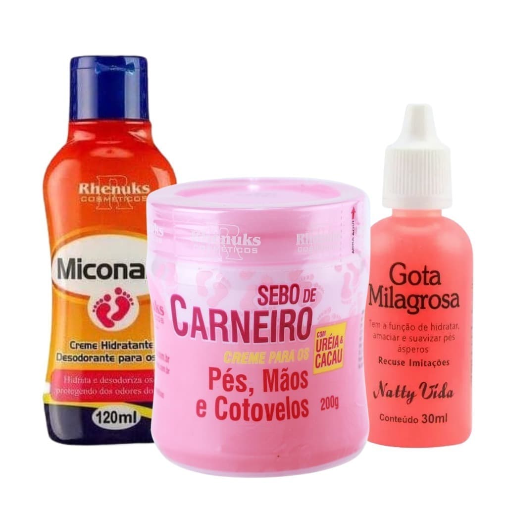 Kit Completo para os Pés Gota Milagrosa + Creme Miconaze + Sebo de Carneiro 200g - Super Hidratante