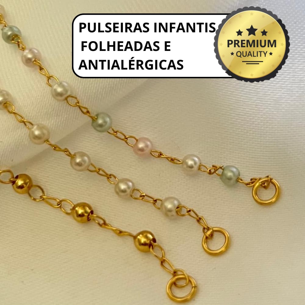 Pulseira Infantil Bebe Menina Bolinha Perola Folheada Banhada a Ouro 18k Antialérgica com Garantia