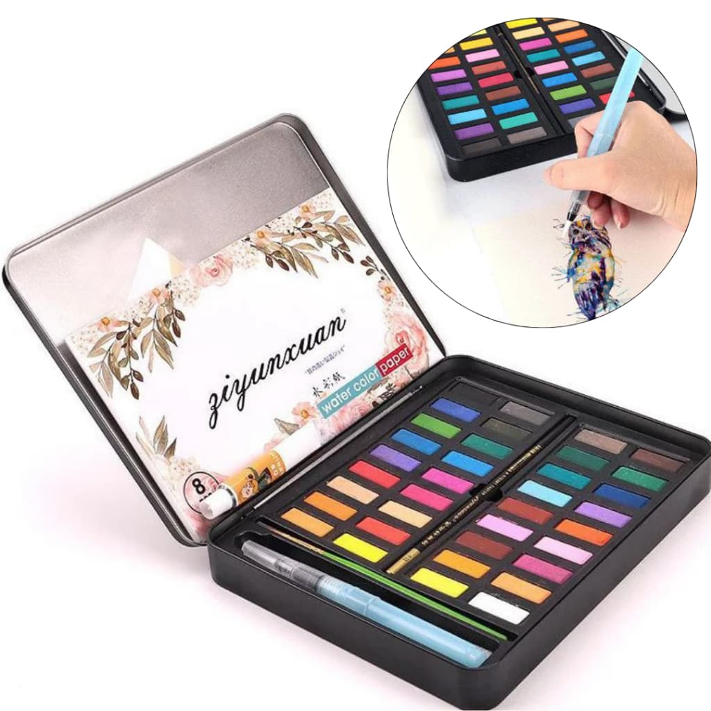 Tinta Aquarela Em Pastilhas Kit Com Estojo E Pincel
