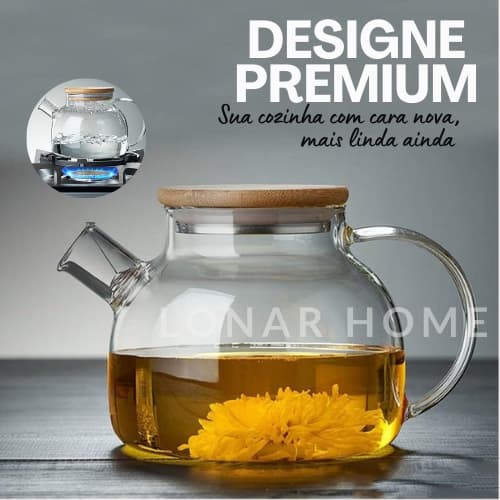 Chaleira de Vidro 1 Litro com Coador Tampa de Bambu Premium Resistente a Calor de ir Fogo Bule infusor