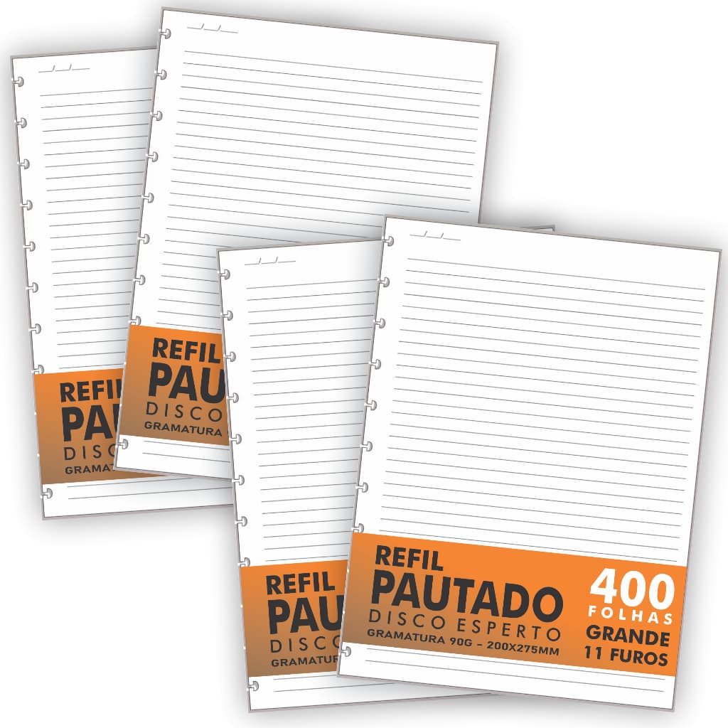 Refil Genérico 400 Folhas Compatível Caderno de Discos / Inteligente Grande 11 Furos Pautado 90g