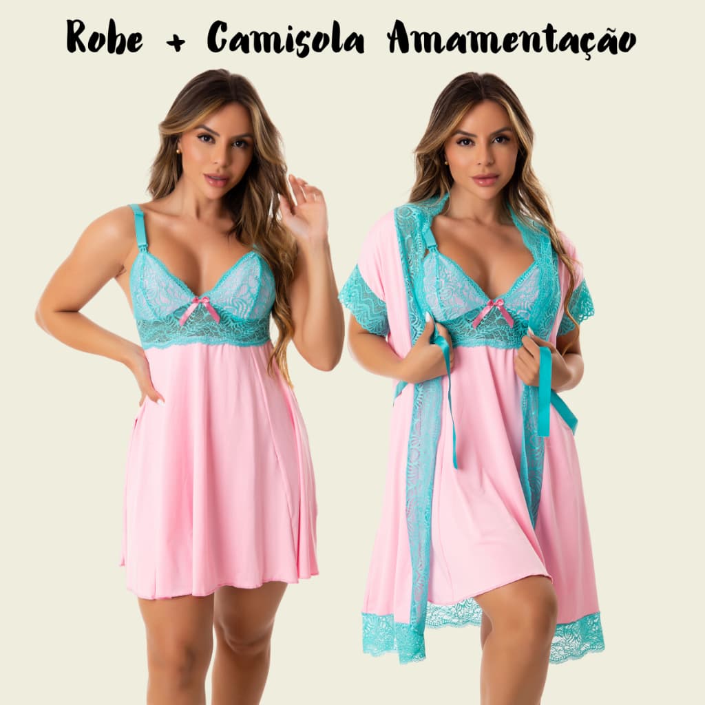 Kit Robe e Camisola Amamentação Pós Parto Bicolor Com Renda de Dormir Maternidade Gestante