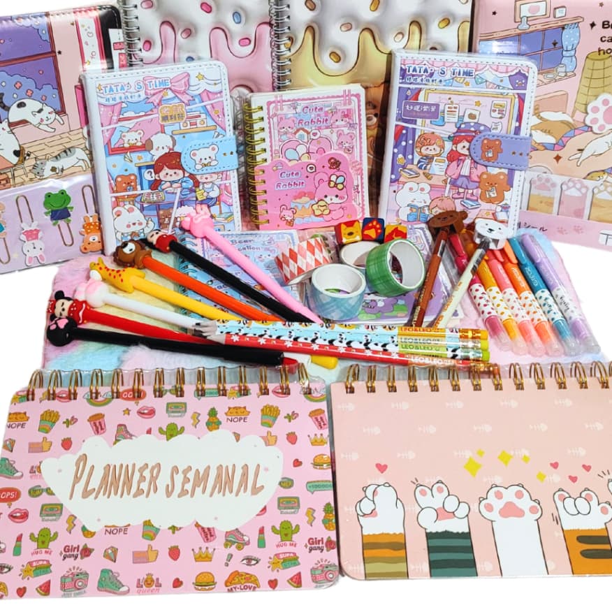 Kit Papelaria Kawaii 30 Itens VIP Luxo Fofos Planner Caderno Lápis Marca-texto Washi Tape