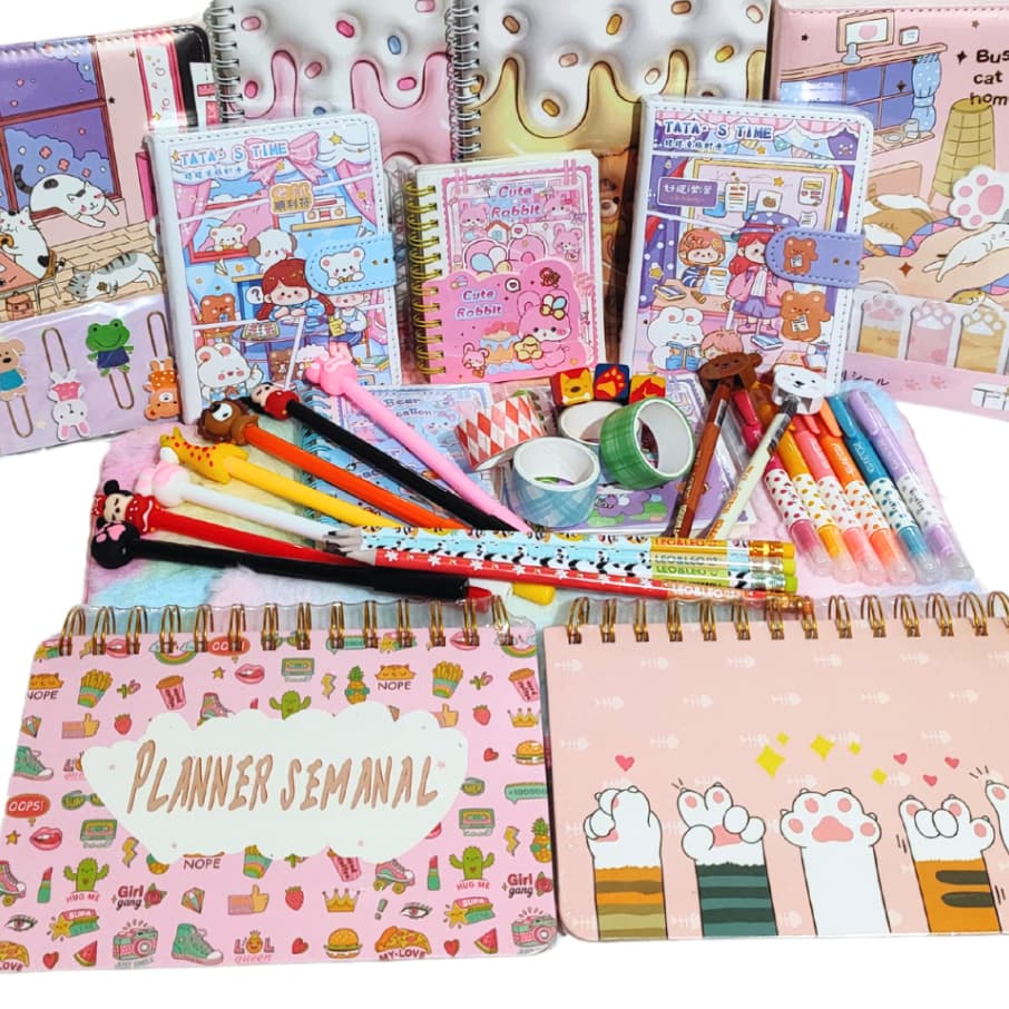 Kit Papelaria Kawaii Diversos itens Criativos Fofos Planner Marca-texto Washi Tape Caneta Adesivo Clipes Luxo