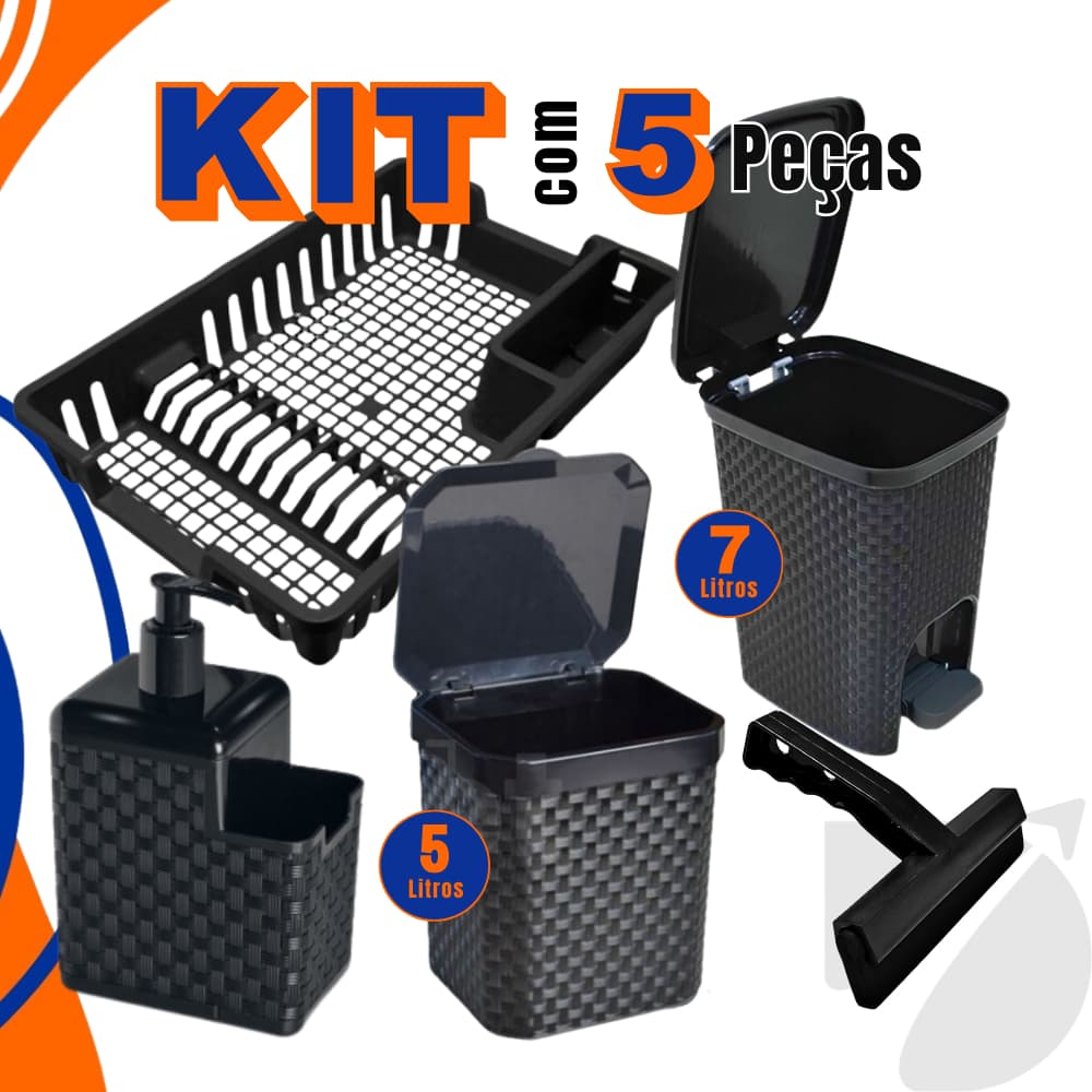 Kit Lixeira Pia 5 Litros + Lixeira 7 Litros + Porta Detergente + Rodinho de Pia + Escorredor Louça