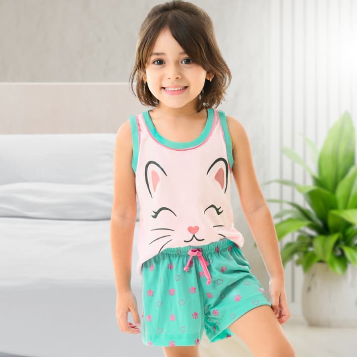 Baby Doll Infantil Conjunto Short Doll para Menina Regata Master Confort Gatinha Brilhosa POP