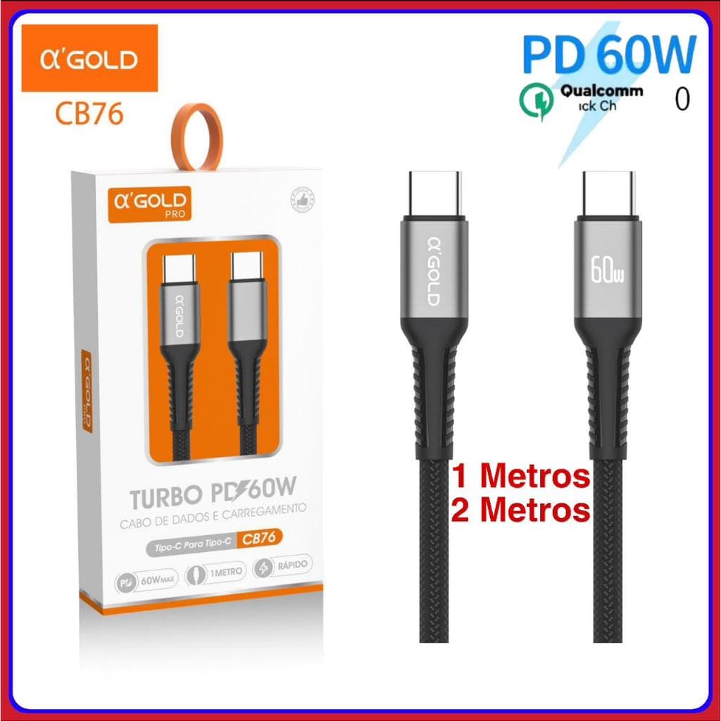 Cabo Tipo c Turbo 60W USB-C Para Tipo C 2 Pontas 1 e 2 Metros original A'GOLD Carregamento Rápido